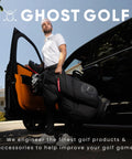 Golfer holding a black golf bag next to a car with Ghost Golf branding.