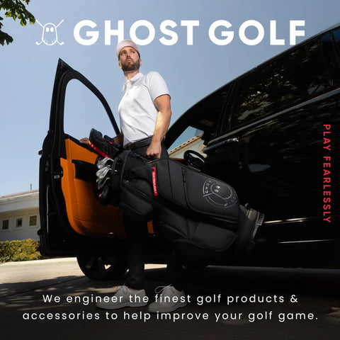 Golfer holding a black golf bag next to a car with Ghost Golf branding.