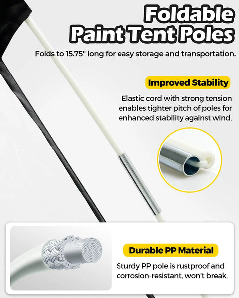 Foldable paint tent poles for portable spray booth tent with emphasis on stability and durable PP material