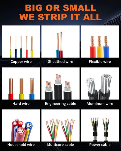 Various wire types for Drill Powered Wire Stripper For Scrap Copper Recycling And DIY, Adjustable 0.04 To 1 Inch Stripping Range, Dual Drive With Hand Crank.