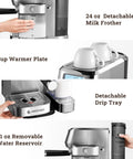 Top Shelf Espresso Machine With Auto Milk Frother, showcasing 24 oz frother, cup warmer, and removable water reservoir.