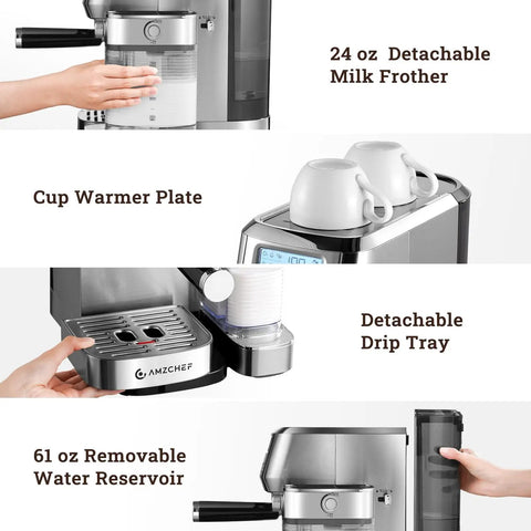 Top Shelf Espresso Machine With Auto Milk Frother, showcasing 24 oz frother, cup warmer, and removable water reservoir.