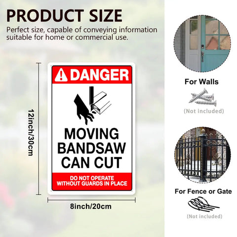 Warning Tin Sign For Moving Bandsaw Danger High Visibility 12x8 Inch Metal Safety Notice For Workshop Garage Shop Wall Decor