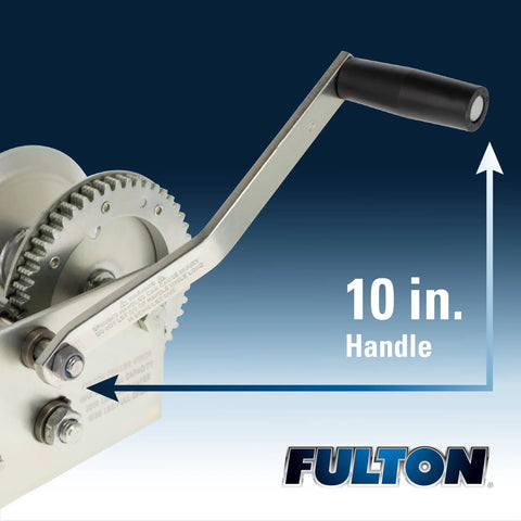 Close-up of Two Speed Trailer Winch 2,600 Lbs Capacity 20 Ft Strap 10 Inch Comfort Grip Handle highlighting the handle dimension