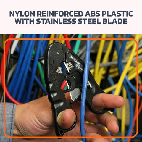 Person using Pro Grade Network Cable Cutter And Wire Stripper Tool For Ethernet And POE Cabling Cuts And Strips CAT3 To CAT6