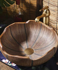 Rustic Ceramic Vessel Sink And Faucet Combo Countertop Wash Basin Heavy Duty Hand Molded Artistic Funnel Design with bronze faucet.