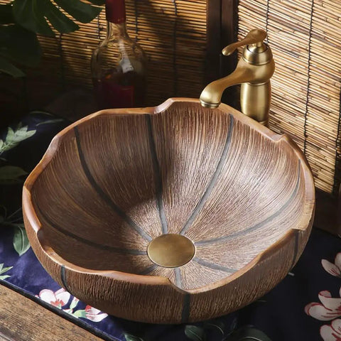 Rustic Ceramic Vessel Sink And Faucet Combo Countertop Wash Basin Heavy Duty Hand Molded Artistic Funnel Design with bronze faucet.