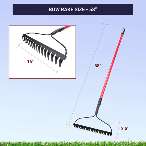 Bow Rake With Fiberglass Shaft For Tough-As-Nails Yard Work And Landscaping, 58 Inch, 16 Tines, steel head, measurements shown