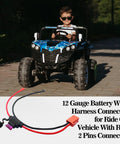 Kid riding toy car with Red 2 Pin Battery Wire Harness Connector For 12 Volt Ride On Vehicles With 12 Gauge Wire 40 Amp Fuse.