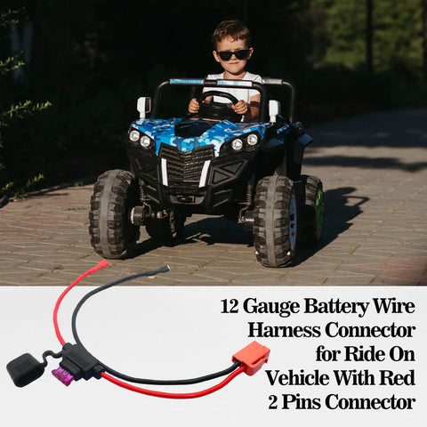Kid riding toy car with Red 2 Pin Battery Wire Harness Connector For 12 Volt Ride On Vehicles With 12 Gauge Wire 40 Amp Fuse.
