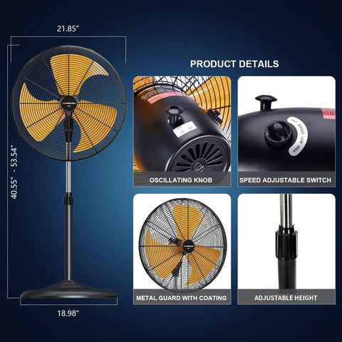 Beast Mode 6000 CFM 20 Inch Oscillating Pedestal Fan product details showing oscillating knob, adjustable height, and metal blades.