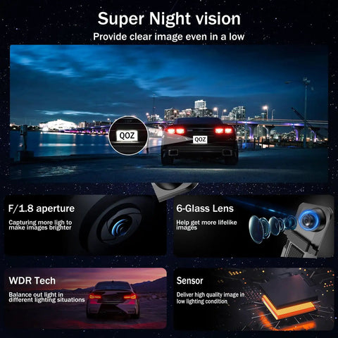 Image showing night driving with All In One Mirror Dash Cam For Car With Crisp 4K Front And 2.5K Rear IMX335, highlighting night vision features.
