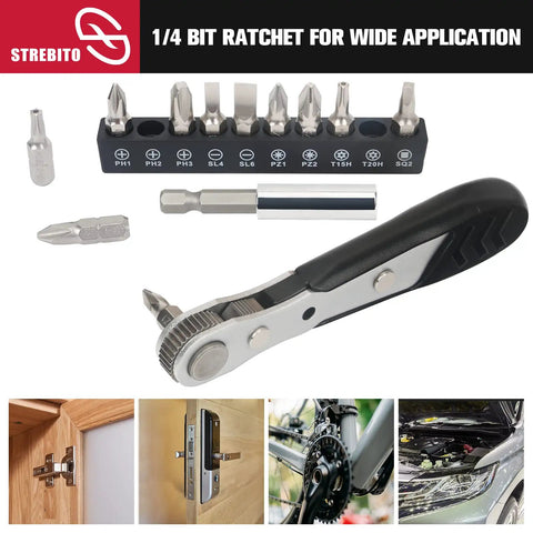 Tiny But Mighty Mini Ratchet Set 12 Piece One Quarter Inch Drive Right Angle Screwdriver Kit shown with bits and usage examples