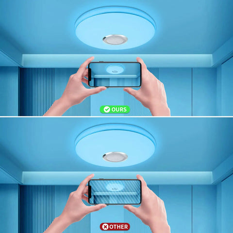 Comparison of 36W LED Music Ceiling Light With Bluetooth Speaker, RGB Color Changing Flush Mount Lamp installation in a room.