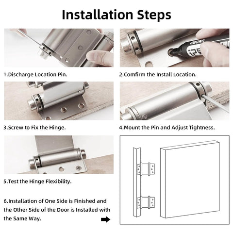 Installation steps for 3 Inch Double Action Spring Door Hinge Set Self Closing For Saloon Bar Pub Cafe Doors Satin Nickel.