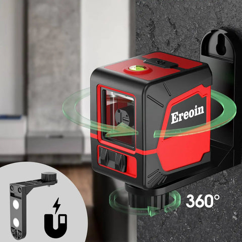 Self Leveling Cross Laser Level With Vertical And Horizontal Lines 360 Degree Rotation IP54 Waterproof For Indoor And Outdoor Picture Hanging Bright Class II Red Laser Lock Switch For Quick Alignment And Easy Setup. 360° red laser level on wall mount