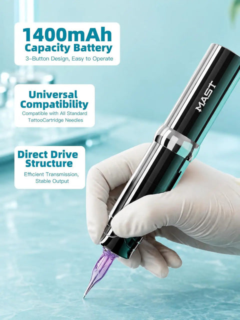 Cordless Tattoo Gun Kit 118g Lightweight Rotary Pen with adjustable voltage and A3 motor in gloved hand on blue surface