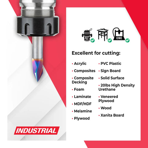Spektra Extreme Tool Life Coated Solid Carbide V-Groove Router Bit 60 Degree 1/4 D 7/32 CH Shank 1/4 Inch 3 Flute CNC Bit for laminates MDF CFRP. Image showing bit with cutting applications.
