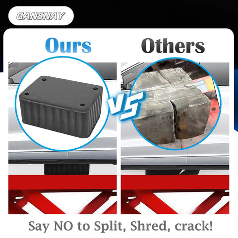 Comparison of Shop Grade Nylon Reinforced Rubber Lift Blocks versus cracked alternative; demonstrating 8000 Lb chassis support.
