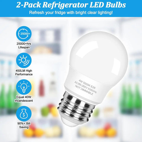 40W Equivalent Refrigerator Light Bulb 120V A15 E26 Waterproof IP54 Non Dimmable 450 Lumen Daylight White 5000K For Fridge And Freezer 2 Pack Easy Swap Energy Efficient Long Lasting