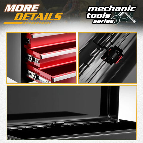 20 Inch Portable Metal Tool Box With Three Drawers And Top Tray, Grab And Go Latch Closed Organizer Chest For Garage, Home And Warehouse, Red And Black, Built Tough For Quick Access And A Clean, Efficient Workspace.