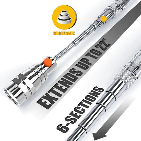 Telescoping magnetic pickup tool with gooseneck design, chrome body and orange button.