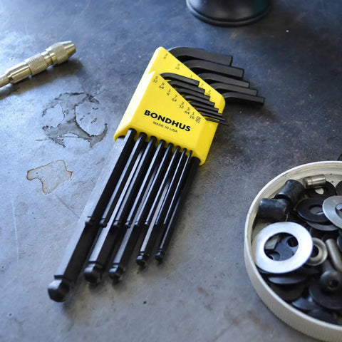 Ball End L-Wrench Set Of 13 Balldriver Tools With Sizes From.050 To Three Eighths Inch on workshop table