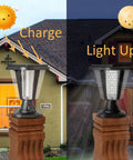 Two Pack Outdoor Solar Powered LED Lamp Kit In Black No Fuss Build With Real Beveled Glass charging and lighting on patio post