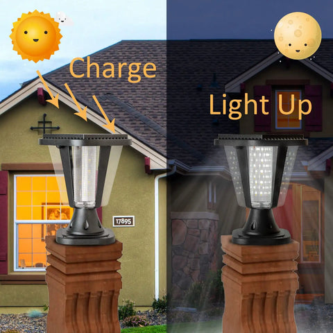 Two Pack Outdoor Solar Powered LED Lamp Kit In Black No Fuss Build With Real Beveled Glass charging and lighting on patio post