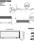 Diagram showing installation steps for All In One Portable Pickleball And Tennis Practice Net System with dimensions and package contents.