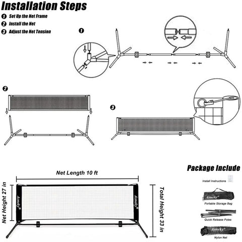Diagram showing installation steps for All In One Portable Pickleball And Tennis Practice Net System with dimensions and package contents.