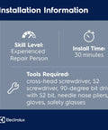Installation information for Durable Dryer Heating Element 137114000 Replacement Part featuring tools and skill level required.