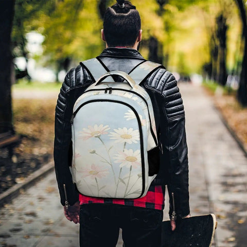 Back view of person wearing Pastel Pink White Daisies Printed Unisex Backpack With Large Capacity, Durable Polyester Daypack