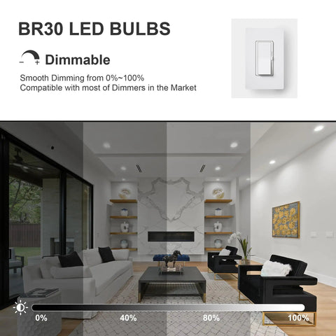 Living room with dimmable BR30 Flood LED Light Bulbs 5000K Daylight 65W Equivalent E26 Base, showing dimming range and switch.