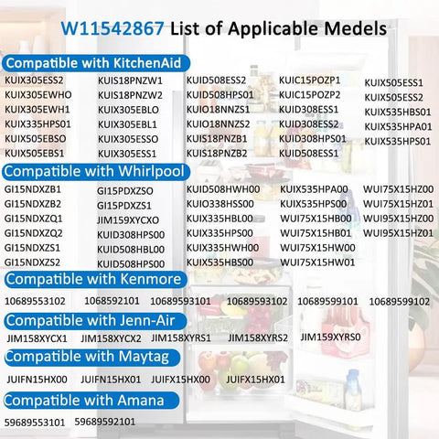 W11542867 compatible refrigerator ice maker pump assembly kit, model list for KitchenAid, Whirlpool, Kenmore, Jenn-Air, Maytag and Amana