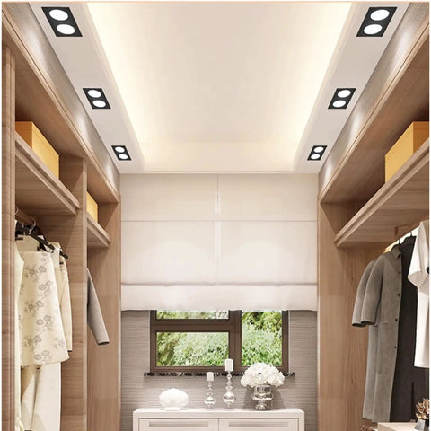 LED Square Double Head Recessed Downlight Ceiling Lamp For Living Room installed in a walk-in closet with wood shelving.