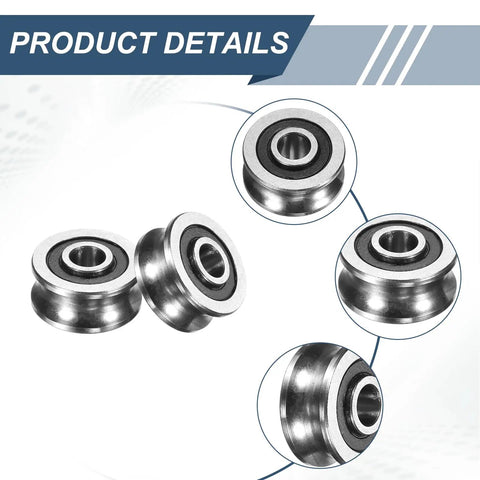 4 Pcs U Groove Bearings 4x13x6mm Rail Ball Bearings Groove Guide Pulley Bearings Steel Replacement For Rail Track Linear Motion Systems In 3D Printing Projects ABEC1, silver U-groove bearing close-up
