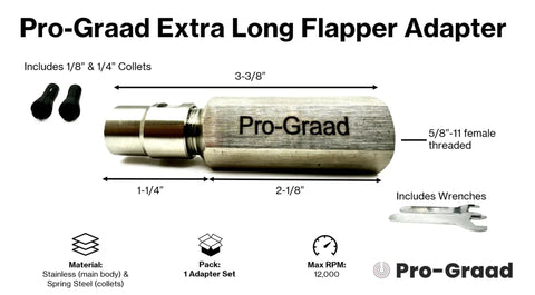 Game Change Heavy Duty Extended Reach Flapper Adapter For 5/8 Inch 11 Thread Angle Grinders, showing stainless steel body and included collets.