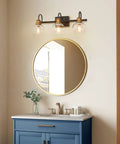 Dope Three Light Vanity Fixture For Bathroom With Oil Rubbed Bronze Finish, Antique Gold Sockets, Clear Glass Globe Shades, Vintage Modern Glow