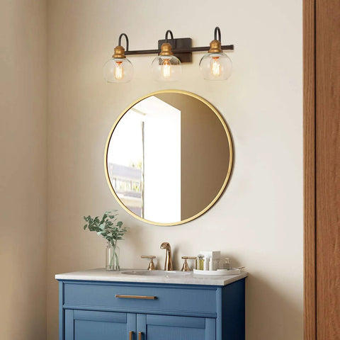 Dope Three Light Vanity Fixture For Bathroom With Oil Rubbed Bronze Finish, Antique Gold Sockets, Clear Glass Globe Shades, Vintage Modern Glow