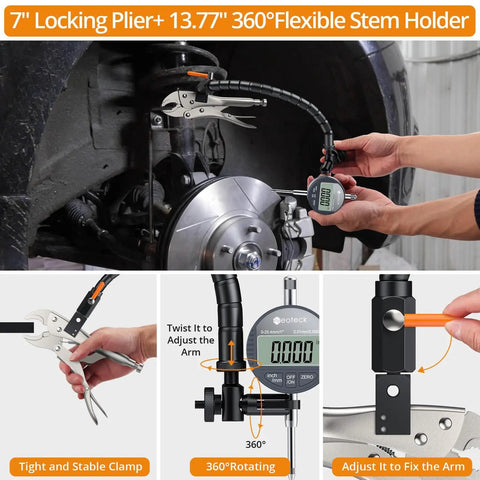 Pro Grade Disc Brake Rotor Gauge Dial Indicator With 1 Inch And 0.0005 Inch Digital Runout Ball Joint Runout Tool 360 Degree Flexible Arm Tight Grip Locking Vise for automotive use
