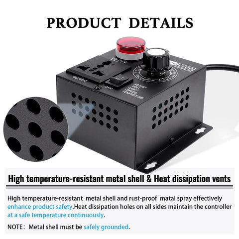 Heavy Duty AC Motor Speed Controller Featuring Crisp LED Readout With 120V SCR Voltage Regulator showing metal housing and heat dissipation vents.