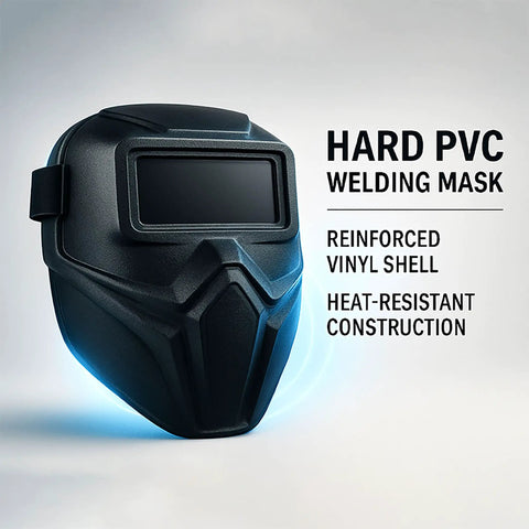 Black hard PVC welding helmet with reinforced vinyl shell and heat-resistant construction, angled view.
