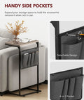 C Shaped End Table For Couch And Recliner With Under Sofa Sliding Laptop Tray And Storage Pockets, Greige Finish next to sofa
