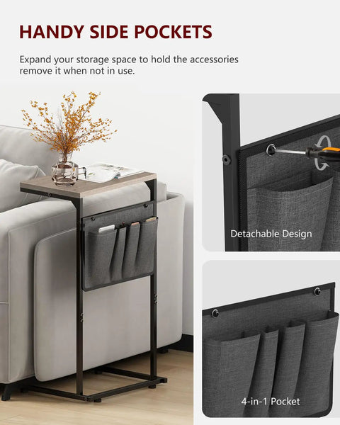 C Shaped End Table For Couch And Recliner With Under Sofa Sliding Laptop Tray And Storage Pockets, Greige Finish next to sofa