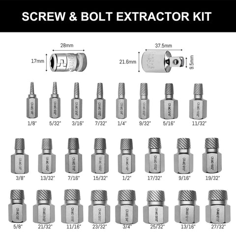 Beast-Ready Heavy Duty 26 Piece CR-MO Screw Extractor Set With Hex Head And Multi-Spline Easy-Out For 3/8 Inch Drive layout.