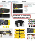 Pegboard Bins And Cups Set With Fifteen Five Inch Bins And Five Inch Cups For Garage And Workshop Organization On Standard Pegboard Panels Heavy Duty Tool Organizer Made In USA displayed with various organization setups.