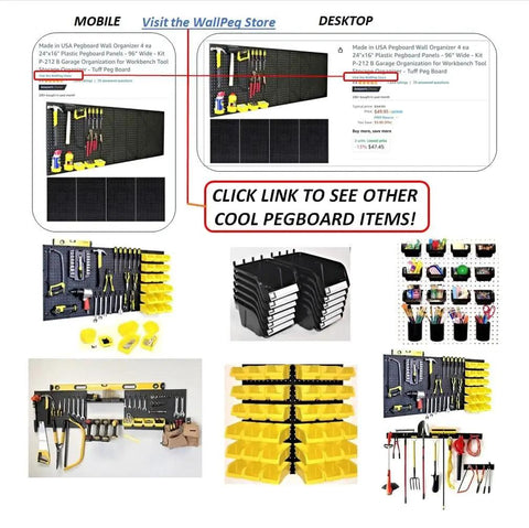 Pegboard Bins And Cups Set With Fifteen Five Inch Bins And Five Inch Cups For Garage And Workshop Organization On Standard Pegboard Panels Heavy Duty Tool Organizer Made In USA displayed with various organization setups.