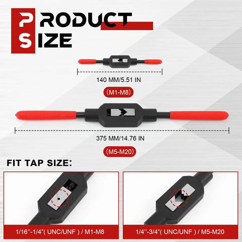 Built Tough Pair Of Adjustable Tap Wrenches With Smooth As Butter Ratcheting Handles Plus Preoiled Protection For Quick Automotive Thread Repair And Efficiency Up To M20, showcasing sizes M1-M8 and M5-M20.