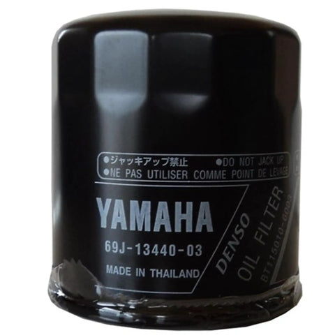 Genuine OEM Oil Filter Element Assembly 69J-13440-04-00 for outboard motors, black cylindrical filter with Yamaha label.